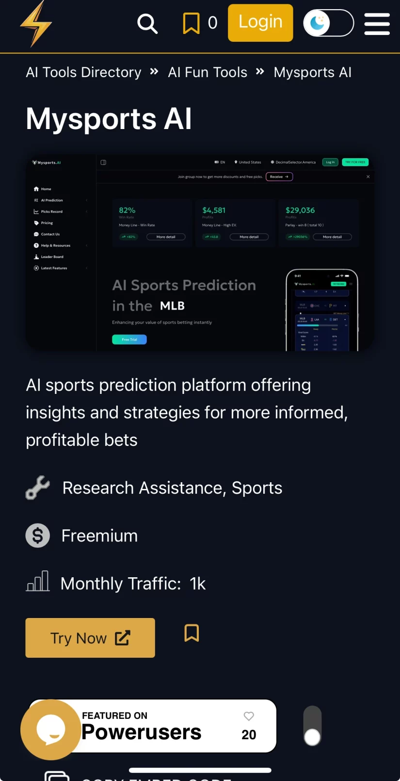 Mysports AI 運彩分析 AI 介面在AI Tools Marketer 的截圖，顯示 MLB 數據、勝率、獲利與串關功能。