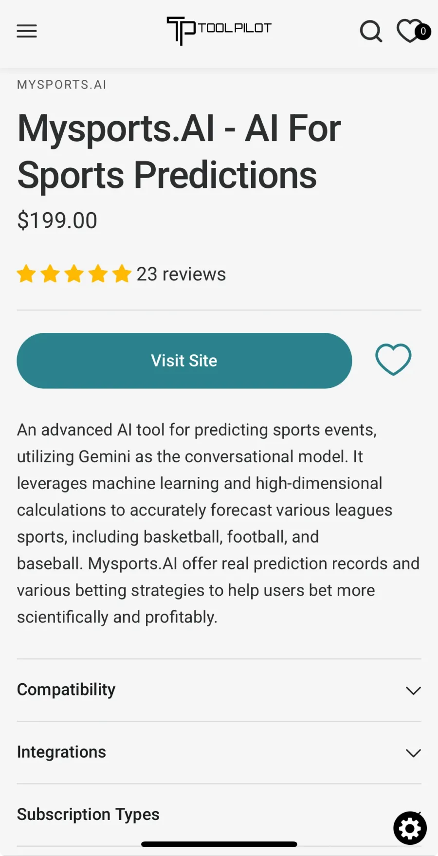 Mysports.AI 運彩分析在 ToolPilot 網站上的工具介紹頁面截圖，顯示 AI 體育預測服務、價格、評價與功能描述。